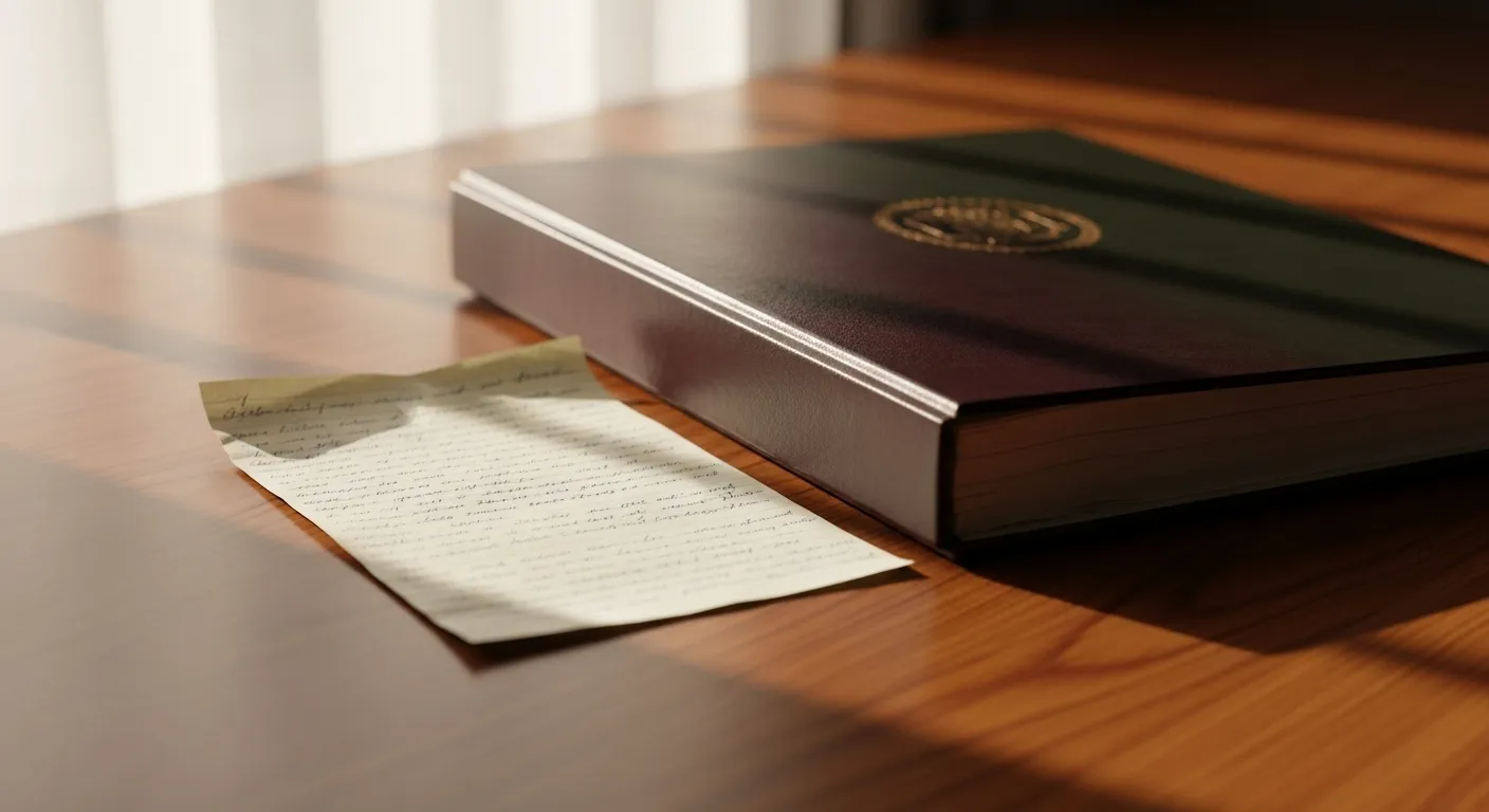 A handwritten note and a formal binder sit side-by-side on a desk, suggesting a choice between informal and formal documents.