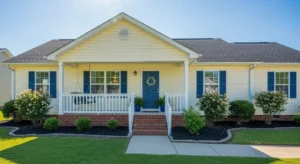 The front exterior of a tidy, welcoming single-story home with a green lawn under a clear blue sky.