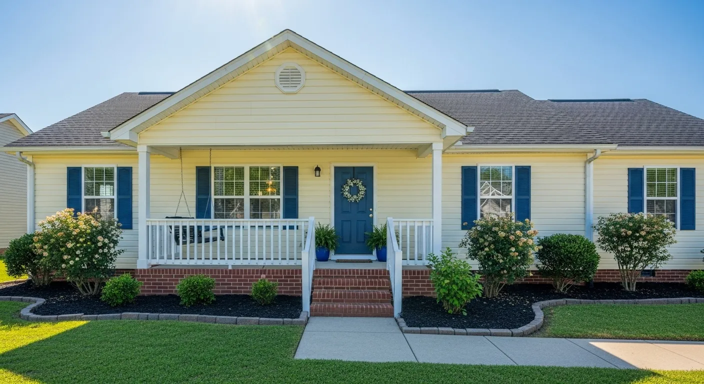 The front exterior of a tidy, welcoming single-story home with a green lawn under a clear blue sky.