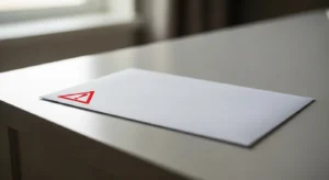 A close-up view of a letter with a red warning symbol on the envelope, placed on a plain surface.
