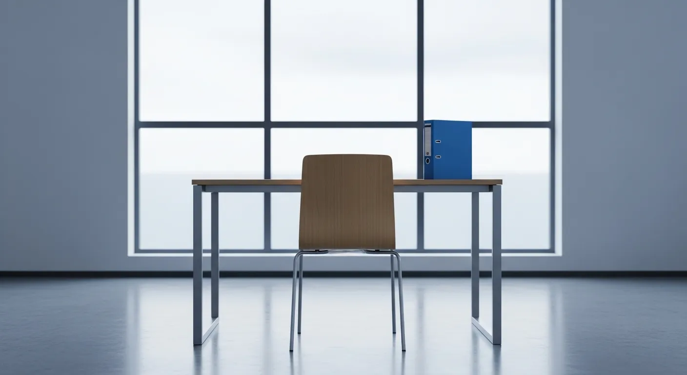 An empty chair faces a sparse desk holding a single closed binder, suggesting an impersonal process.