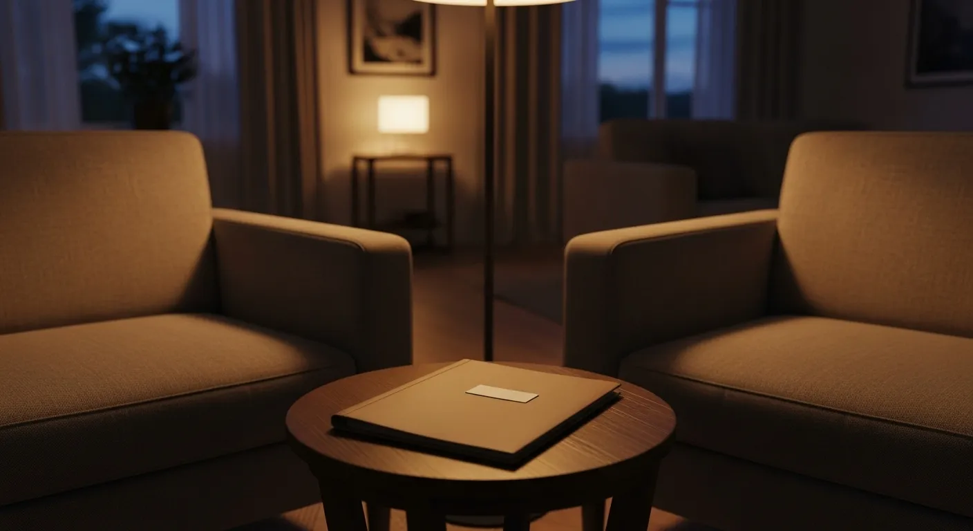 Two empty chairs face each other with a closed folder on a small table between them, symbolizing a landlord-tenant agreement.
