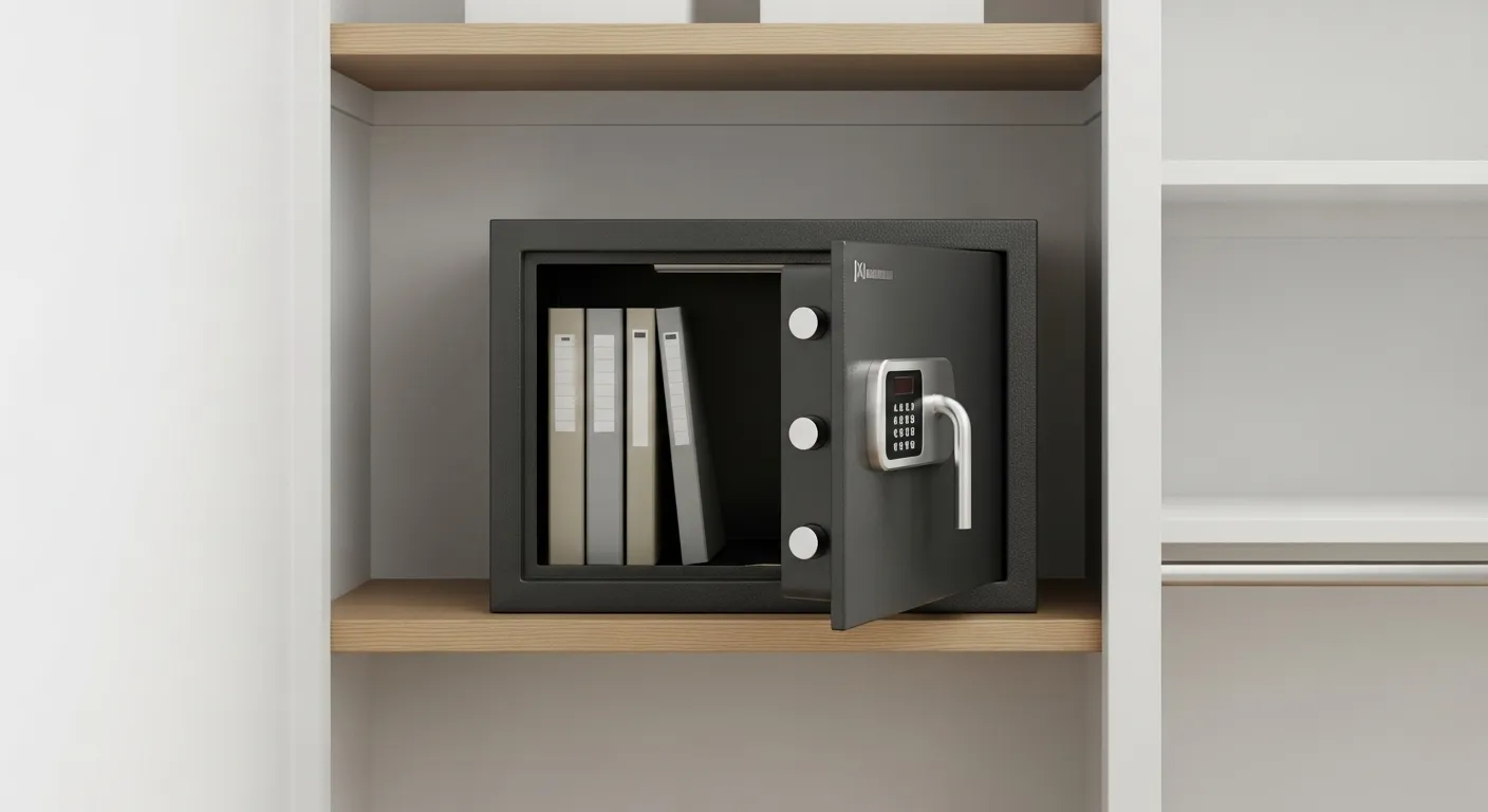 A secure home safe in a tidy closet, slightly open to show the edges of organized document folders inside.