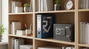 A neat bookshelf holds a binder with a large-print label and a small personal safe, suggesting organized estate planning.