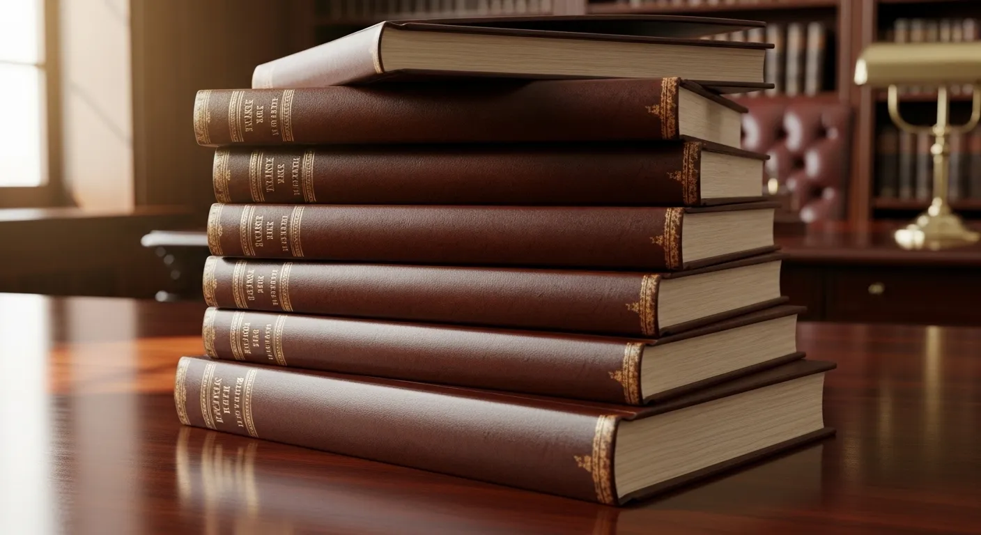 A stack of thick, classic legal books rests on a desk, symbolizing the weight and foundation of the law.