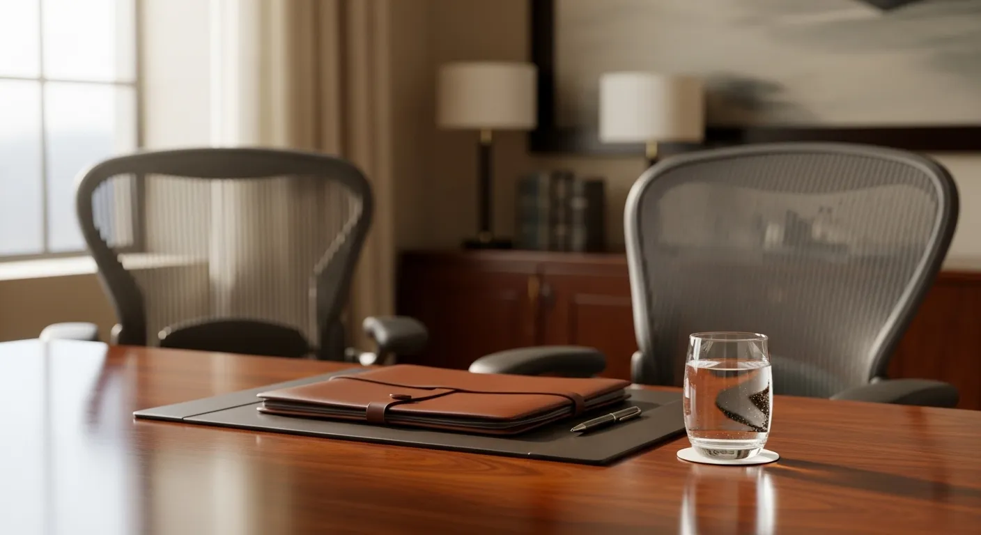 An empty, well-lit office with a wooden desk and two chairs set up for a professional legal consultation.