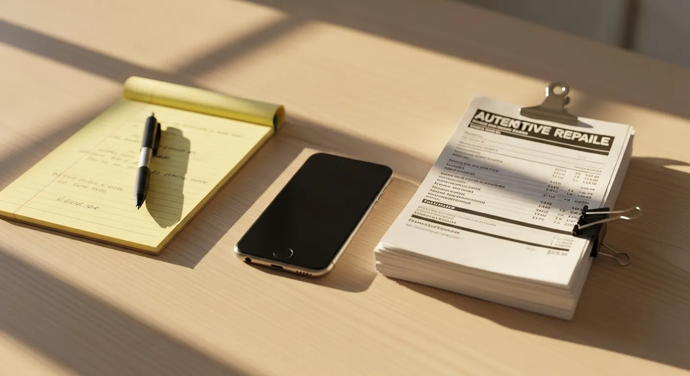 A smartphone, a stack of receipts, and a legal pad with a pen on a desk, implying a call for professional help is imminent.