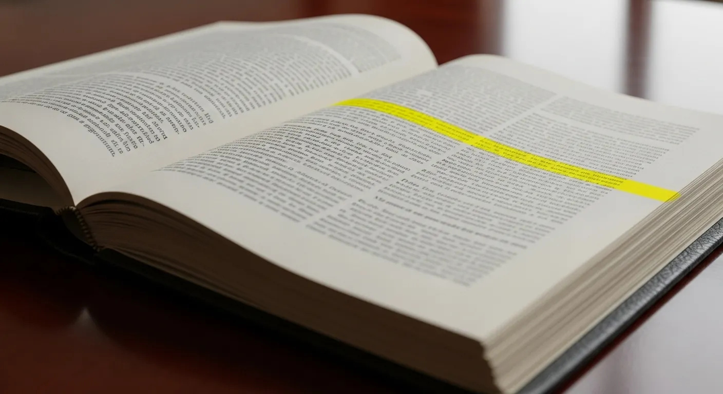 A close-up of an open legal document with one illegible line highlighted in yellow, next to a pen on a table.