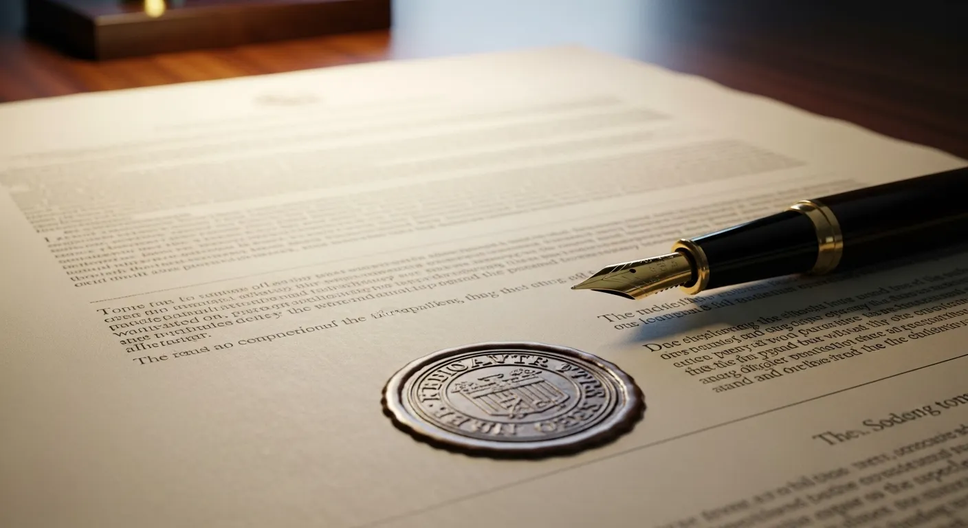 A close-up view of a fountain pen resting on a formal document with an official, unreadable seal.