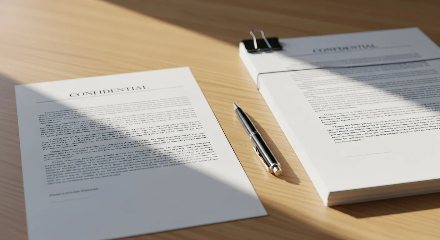 A single-page legal document and a multi-page legal document lie side-by-side on a wooden desk next to a pen in soft morning light.