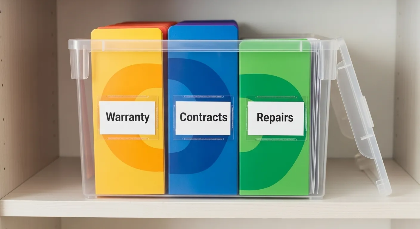 A clear file box on a shelf, containing neatly organized, color-coded folders with large, easy-to-read abstract labels.