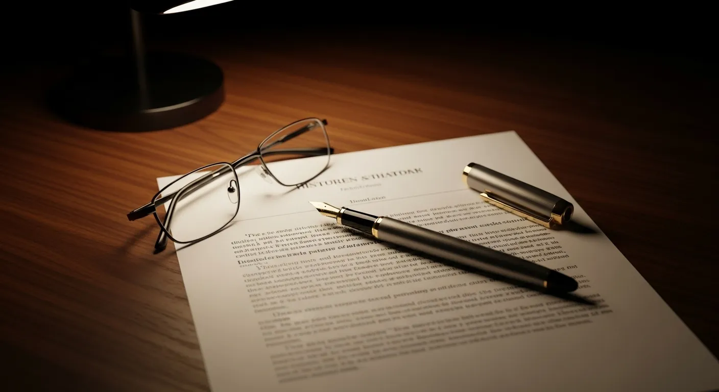 A close-up of a fountain pen and eyeglasses resting on an official document on a wooden desk.