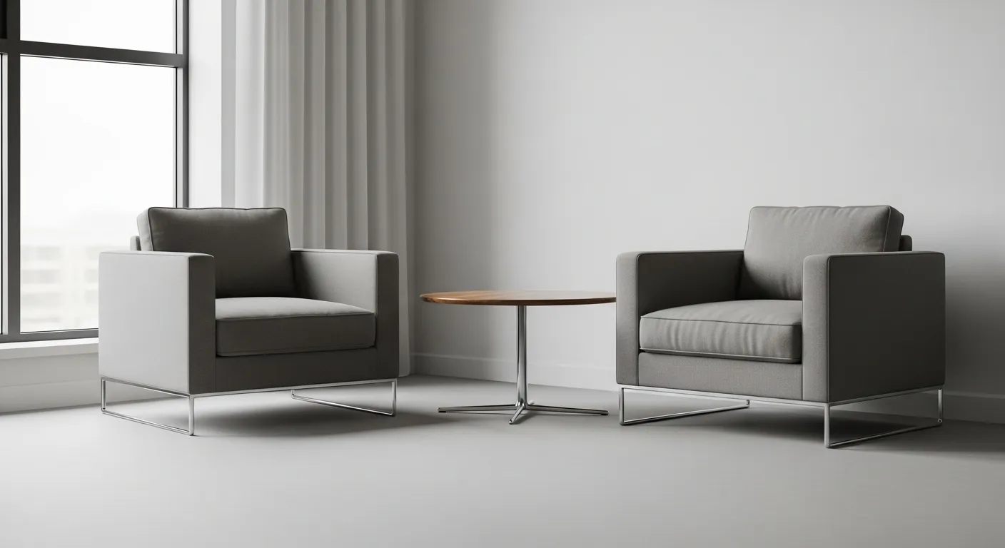 Two empty chairs face each other in a quiet, well-lit room, set up for a professional consultation or important conversation.