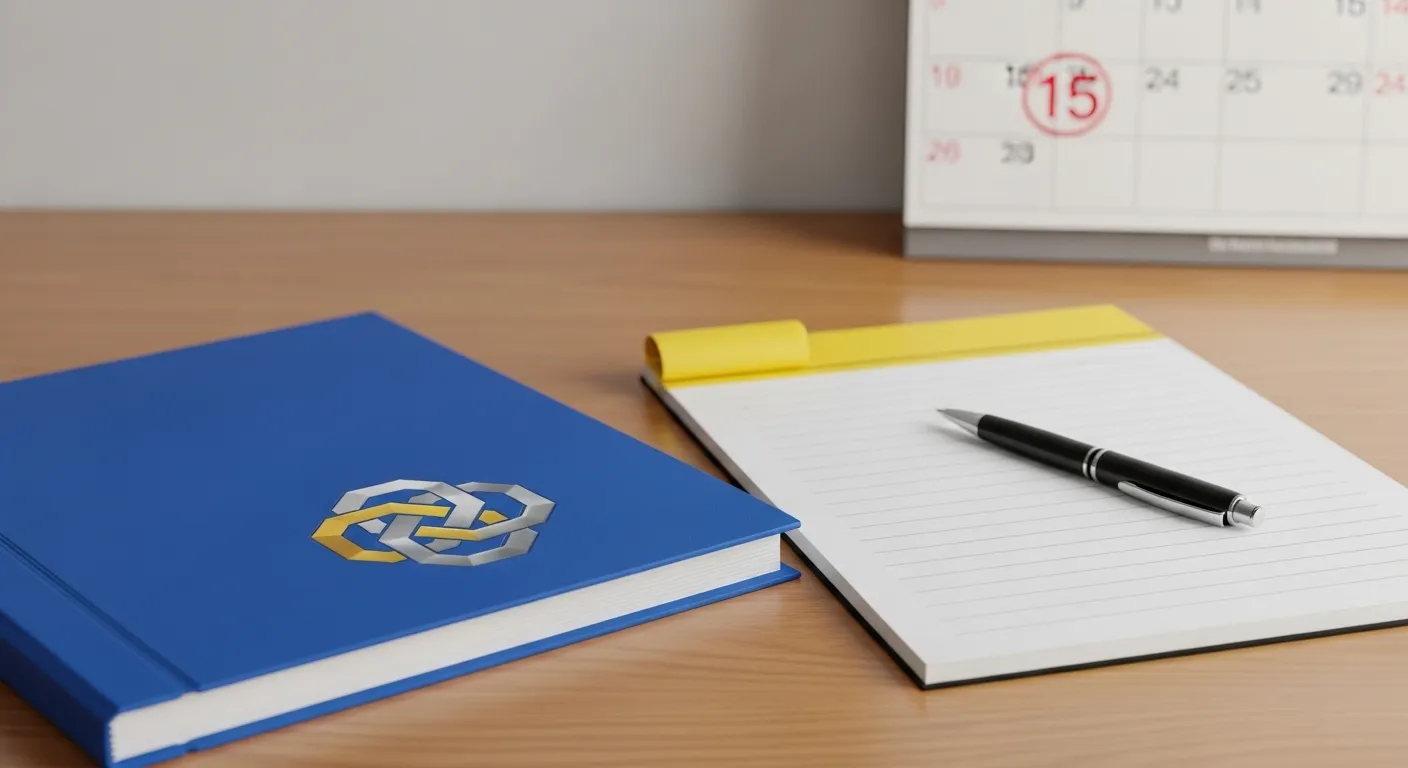 An organized binder, legal pad, and pen on a desk, with a calendar in the background, representing proactive legal planning.