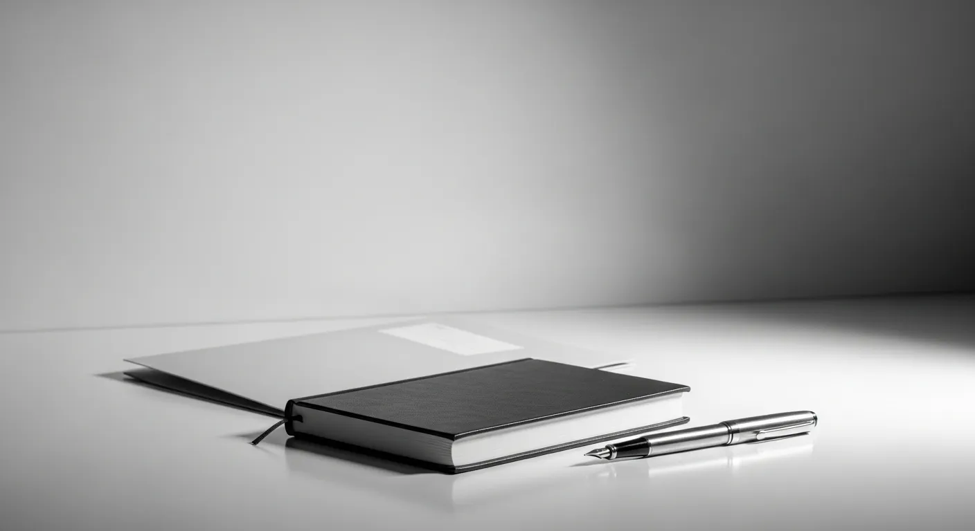 A closed journal, pen, and unmarked folder are arranged neatly on a desktop, signifying organized preparation.