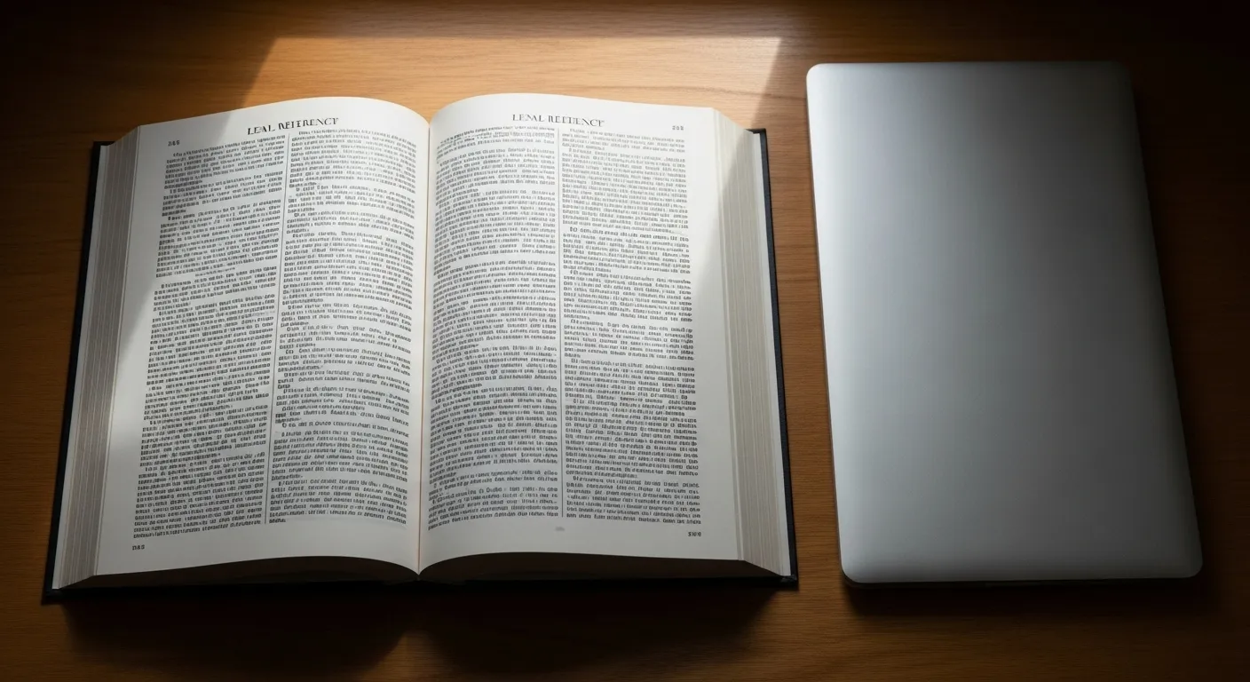 An open, large-print law book sits on a desk, symbolizing legal research and self-preparation for a case.