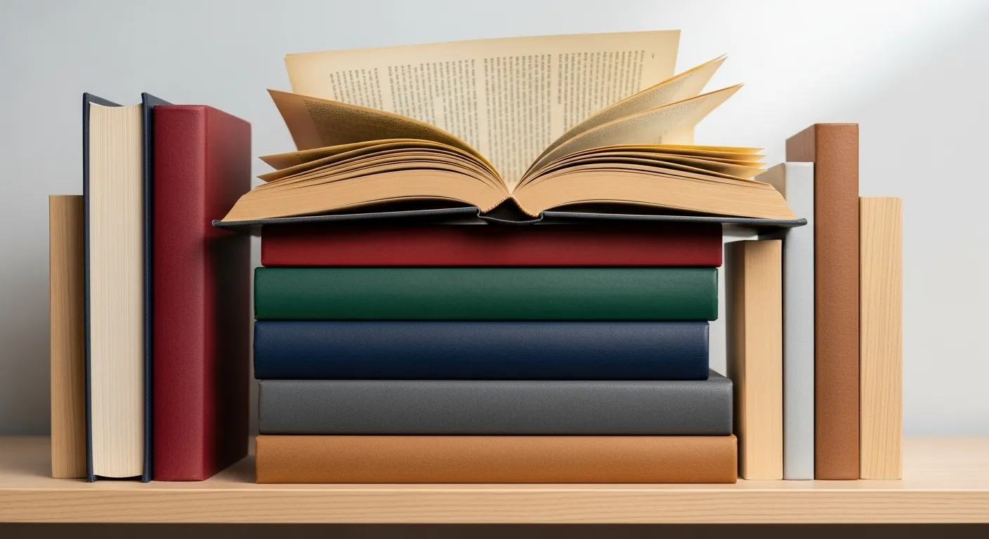 A stack of hardcover books with plain spines sits on a shelf, with one book open to show blurred, unreadable pages.