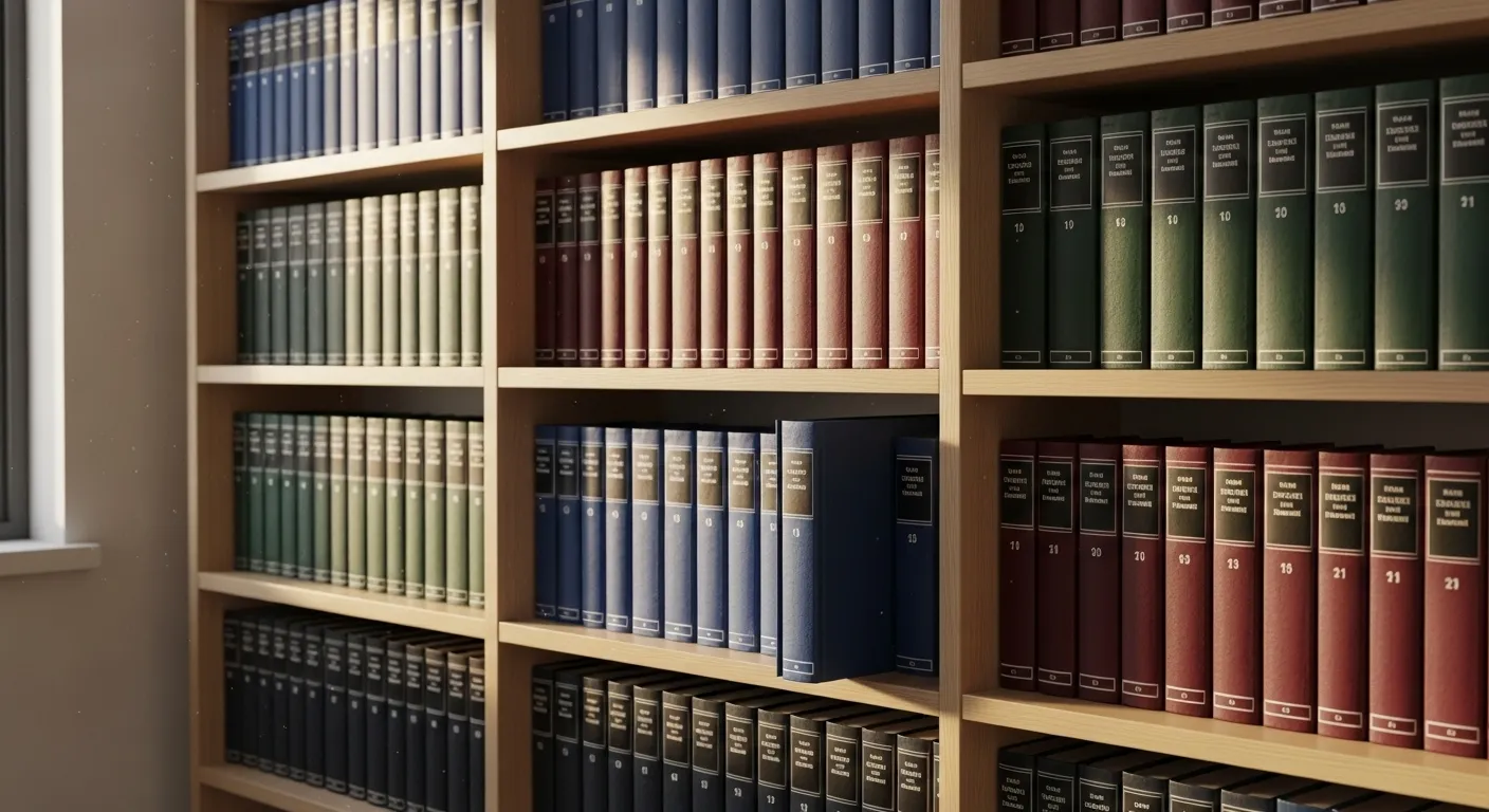 A neat bookshelf filled with law books, with one book pulled forward, suggesting access to legal information.