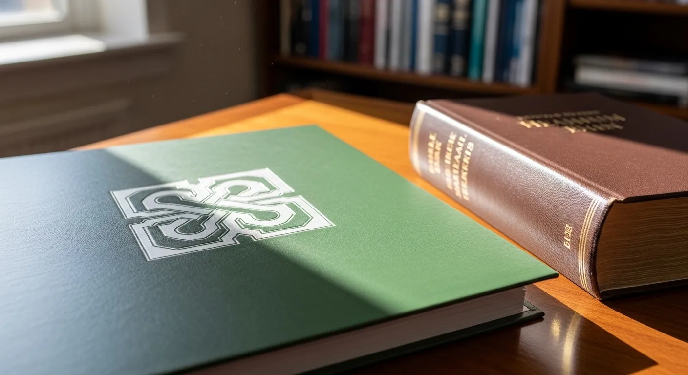 A close-up of a thick legal binder and a law book on a professional desk, suggesting organized case files.