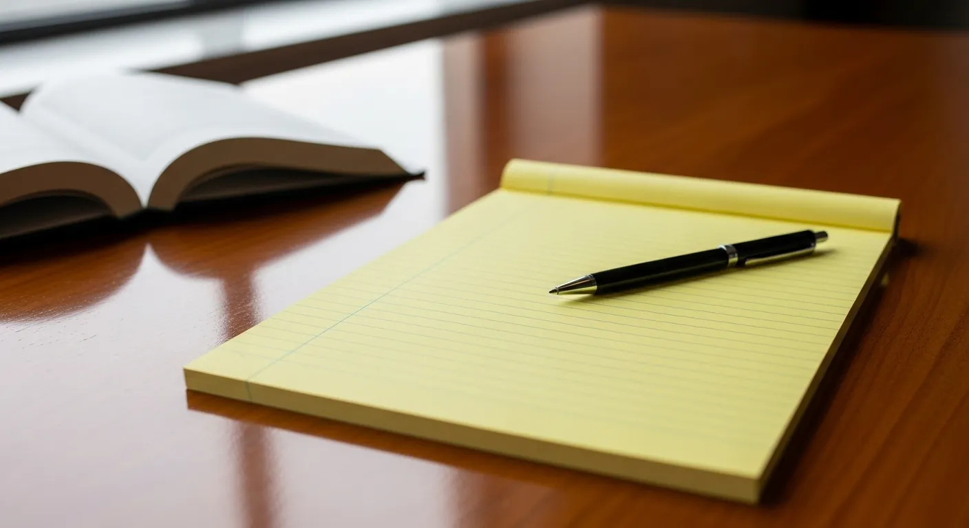A close-up of a pen and a legal pad with non-legible notes next to an open, blurred book, symbolizing the process of learning legal concepts.