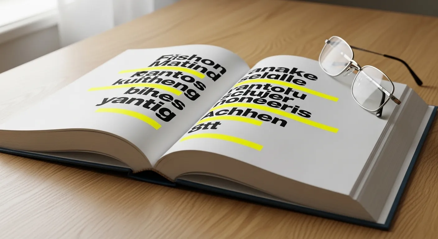 An open book with highlighted but illegible text lies on a wooden desk next to a pair of reading glasses, illuminated by soft window light.