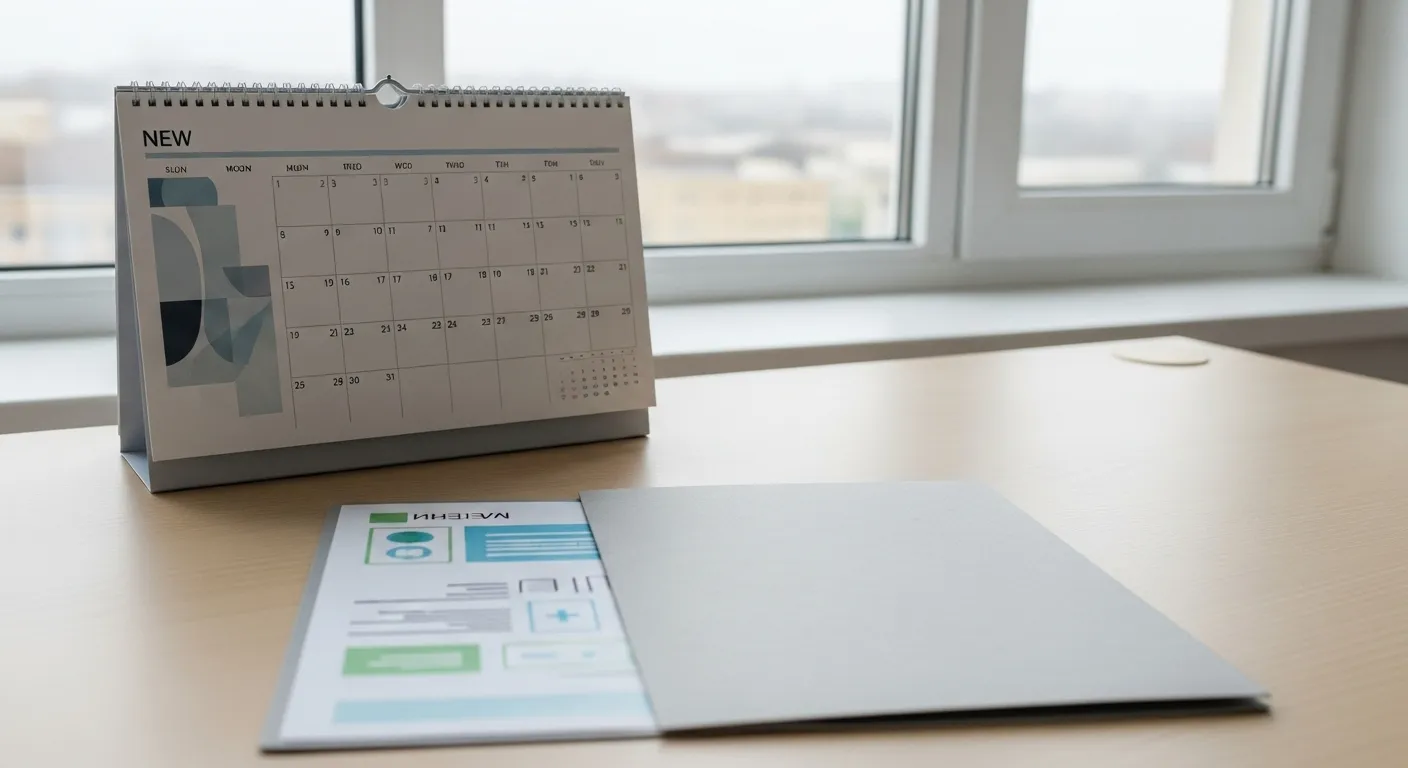 A close-up of a calendar and a folder with medical papers on a desk, symbolizing planning for future care.