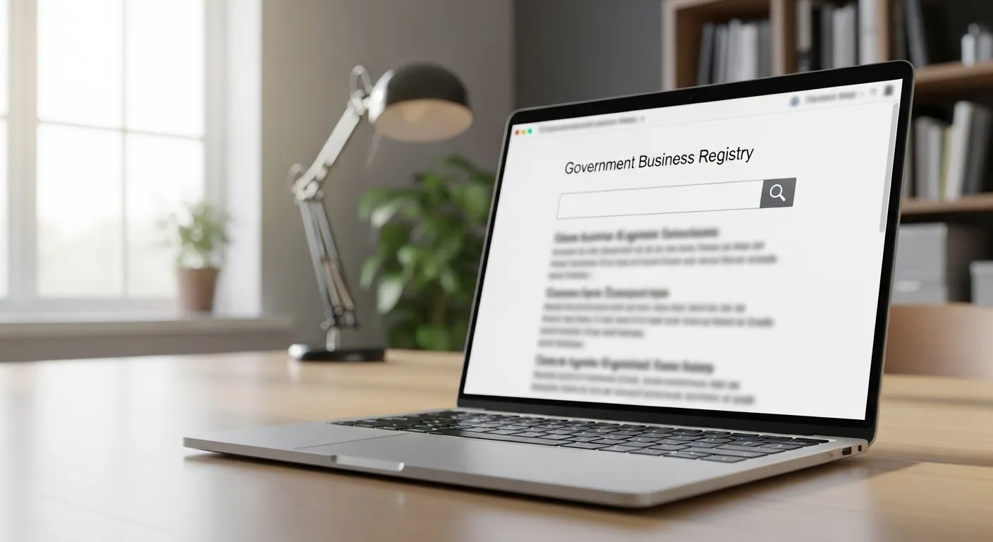 A laptop on a desk shows a blurred website, suggesting online research for official business information.