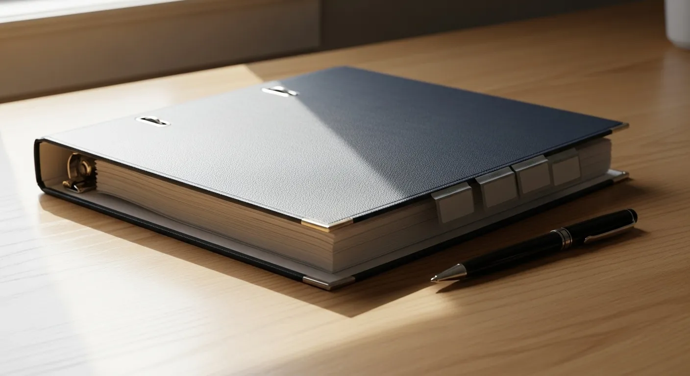 A close-up view of a white binder for estate planning documents, sitting next to a pen on a wooden desk in the morning light.