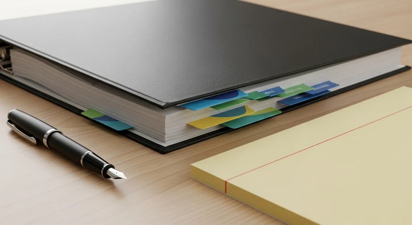 A close-up of an organized legal binder, a pen, and a blank notepad on a wooden desk, symbolizing careful estate preparation.