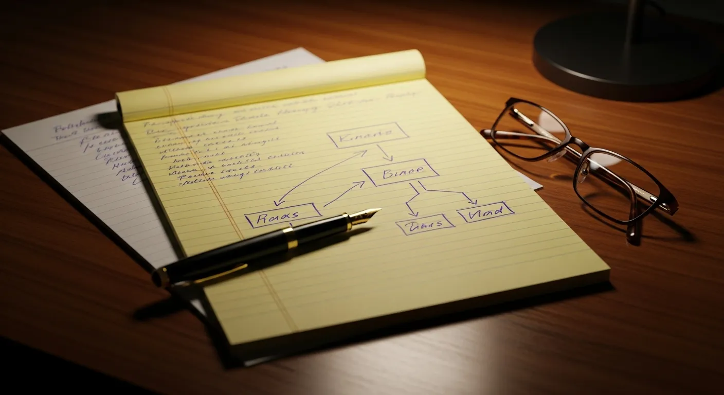 A close-up of a legal pad with illegible notes, a pen, and reading glasses on a desk, suggesting thoughtful planning.