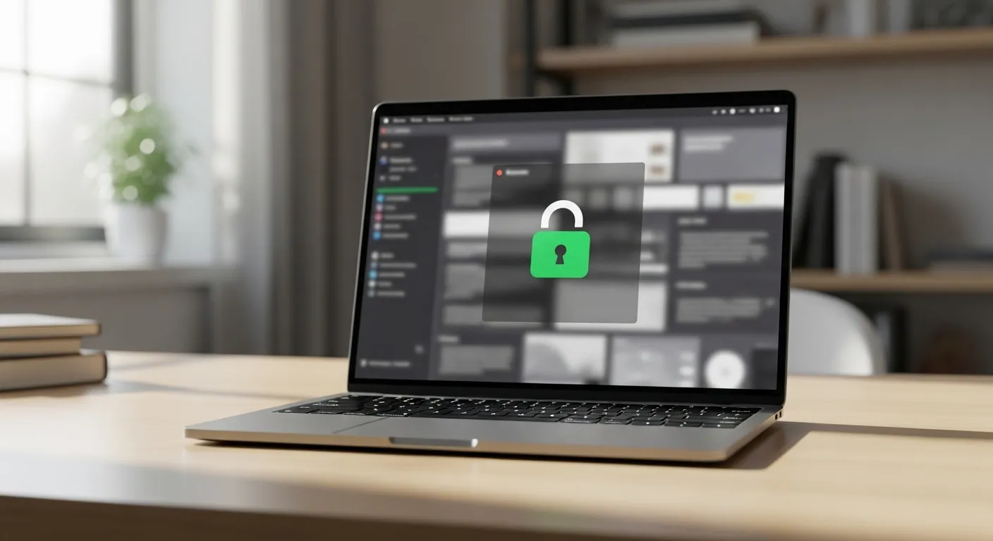 A laptop sits on a wooden desk, its screen showing a stylized and blurred secure login interface with a padlock icon.