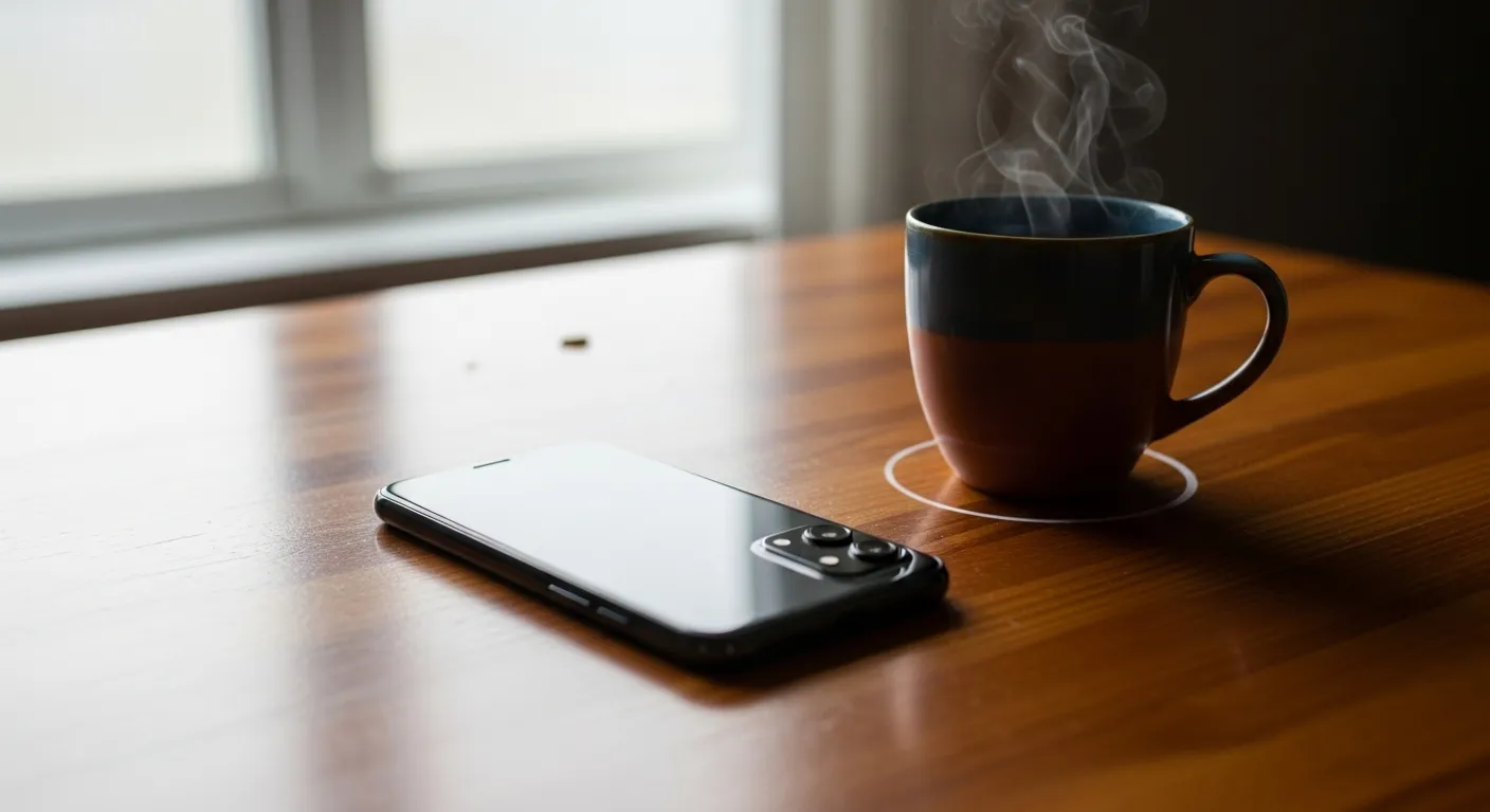 A smartphone rests on a wooden table next to a cup of tea, implying a pause from a phone call.