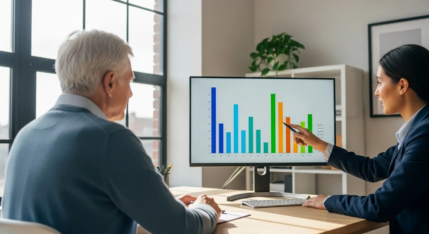 An older person consults with a professional advisor at a desk in a brightly lit office.