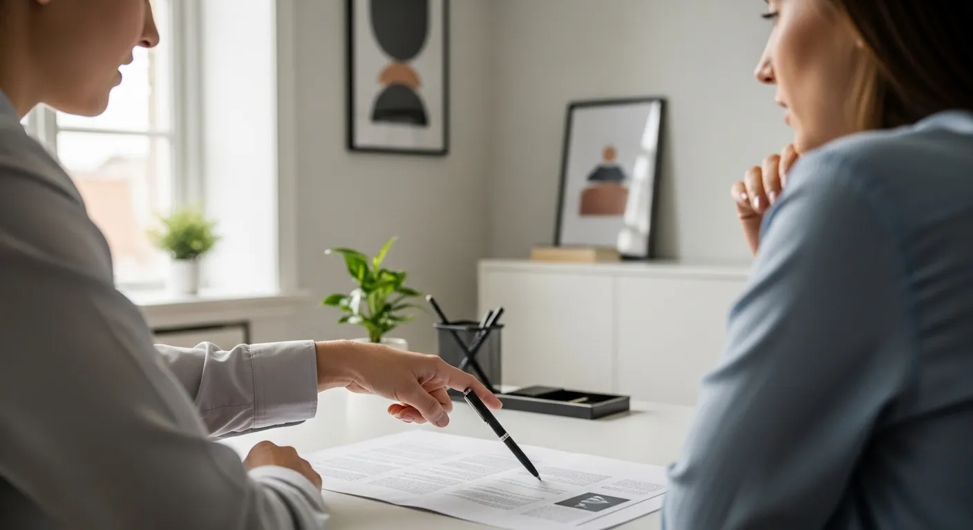 A professional in an office points to a document while consulting with a client, viewed from over the client's shoulder.