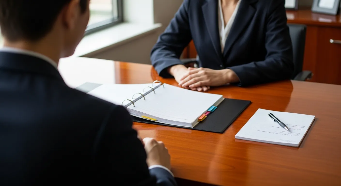 A clean desk in a professional office with an organized binder and a notepad, viewed from behind a person sitting at the desk.