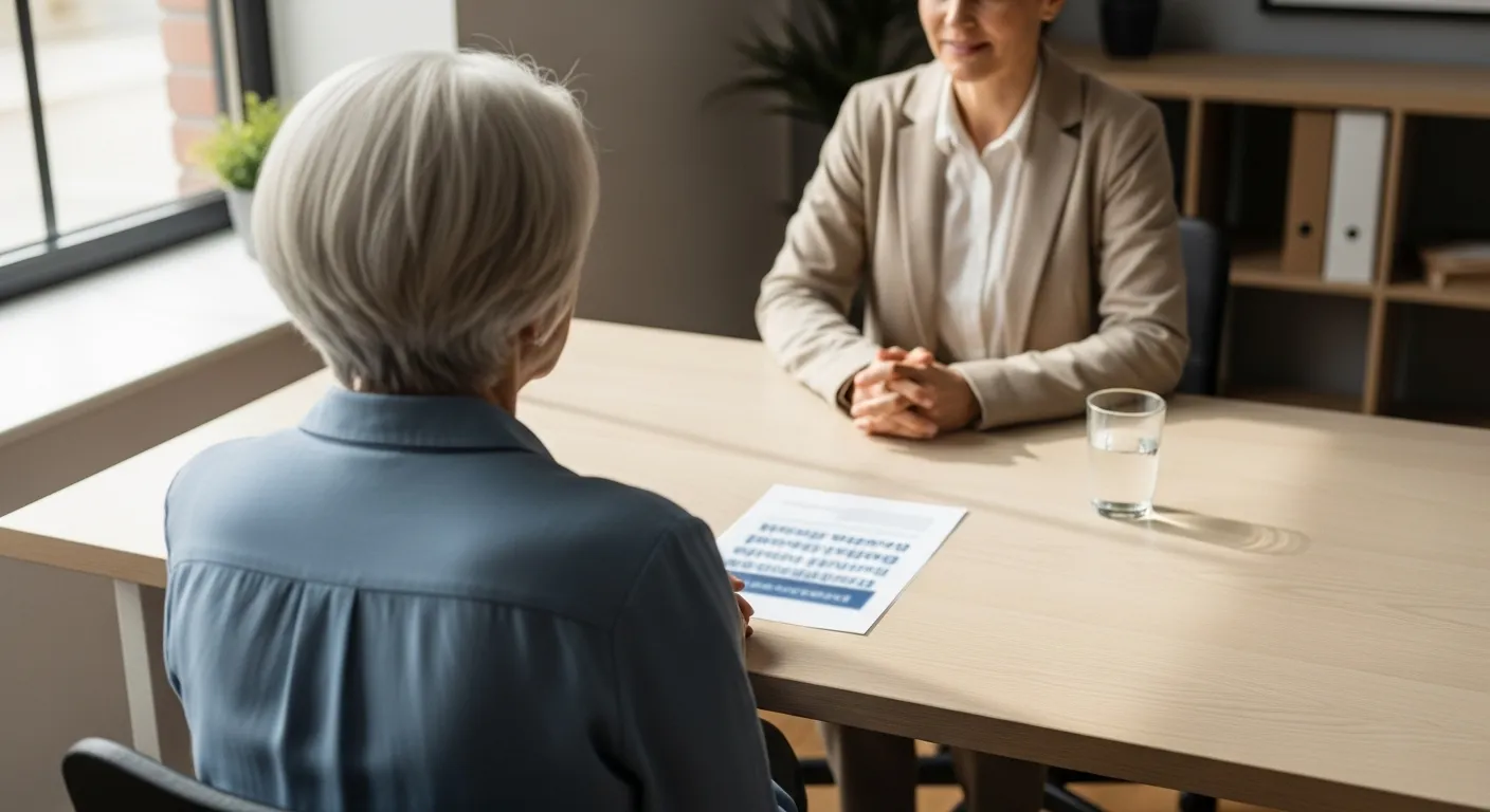 A person's back is to the camera as they sit at a desk opposite a professional advisor in a well-lit, modern office.