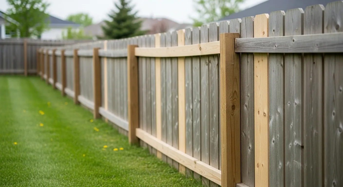 A section of a clean, repaired wooden fence stands in a tidy backyard under an overcast sky, suggesting resolved property damage.