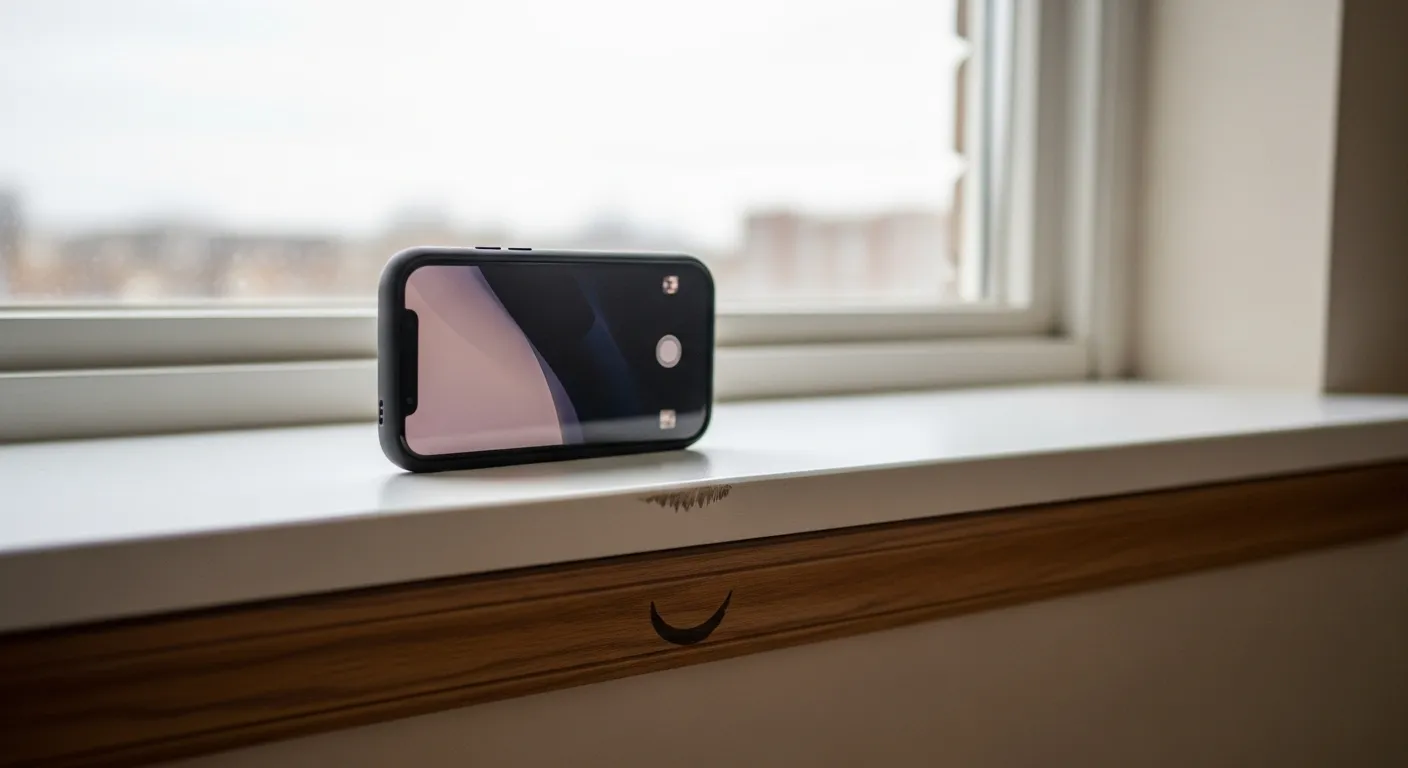 A smartphone on a windowsill photographs a scuff mark on the baseboard of an empty room to document its condition.