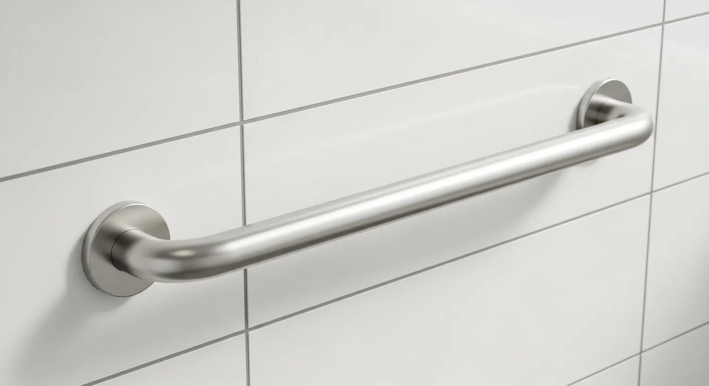 A close-up of a brushed metal safety grab bar installed on a white tile wall in a brightly lit bathroom.