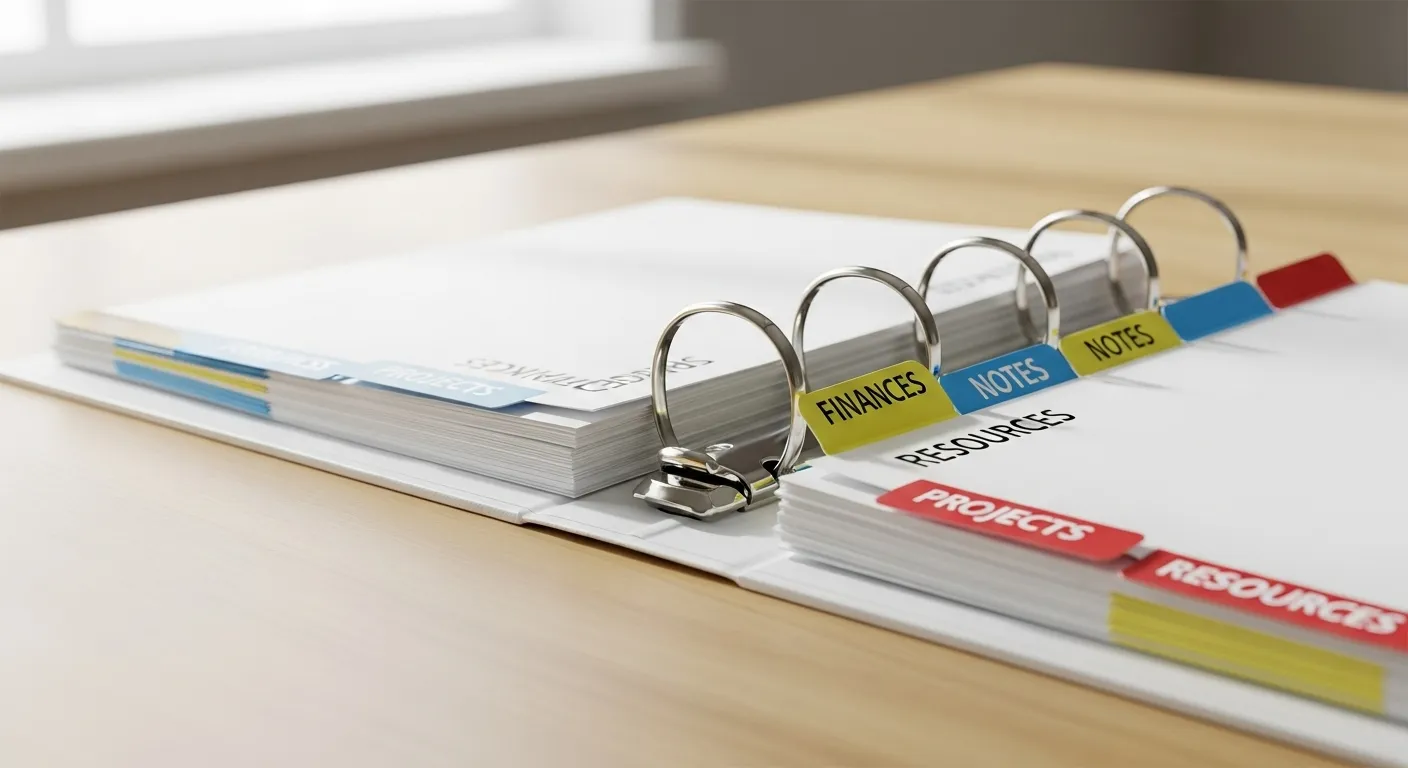 A close-up of an organized binder with large, color-coded tabs, sitting on a sunlit wooden desk.