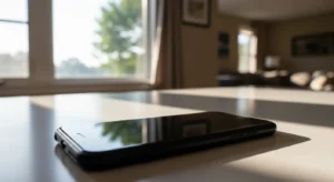 A smartphone with a blank screen rests on a kitchen counter in the soft light of a nearby window.