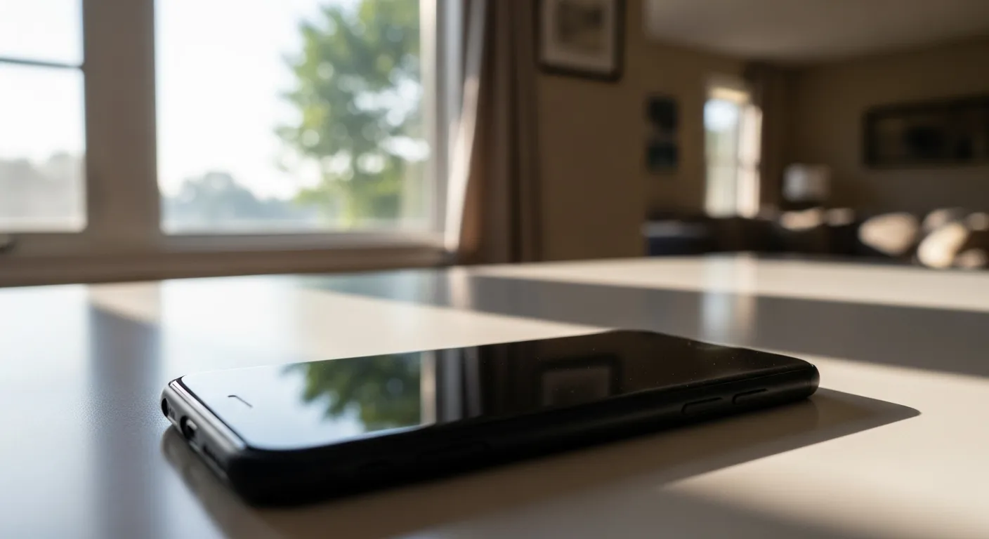 A smartphone with a blank screen rests on a kitchen counter in the soft light of a nearby window.