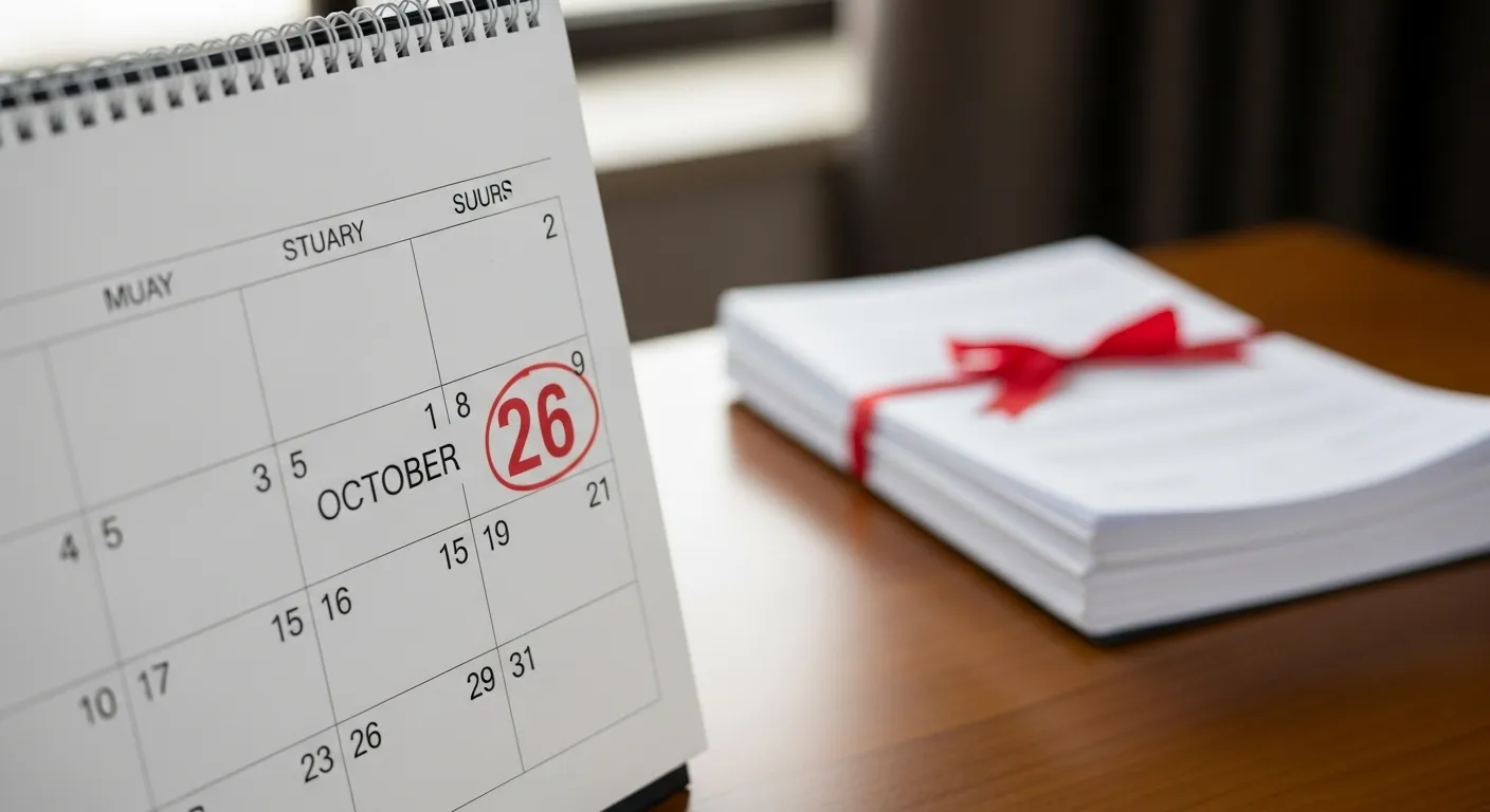 A wall calendar with one date circled in red hangs above a desk where a stack of legal documents sits.