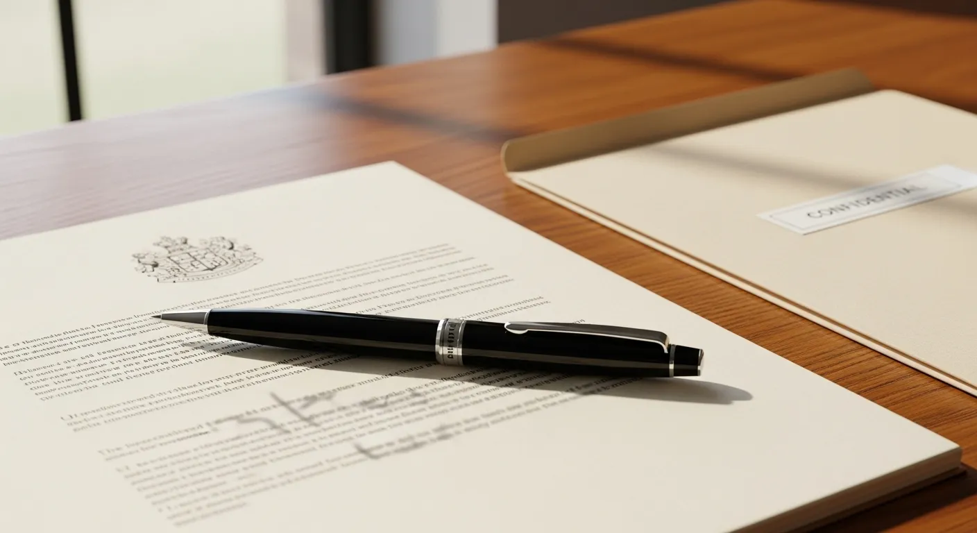A close-up of a legal document with a pen on a clean wooden desk in a brightly lit office.