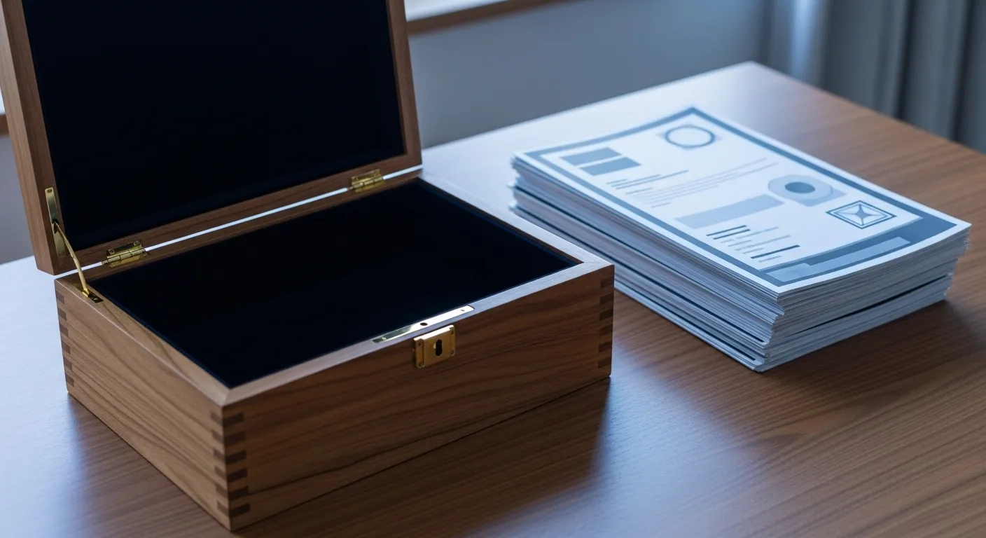 An empty wooden box sits open on a desk next to a stack of documents, symbolizing an unfunded trust.