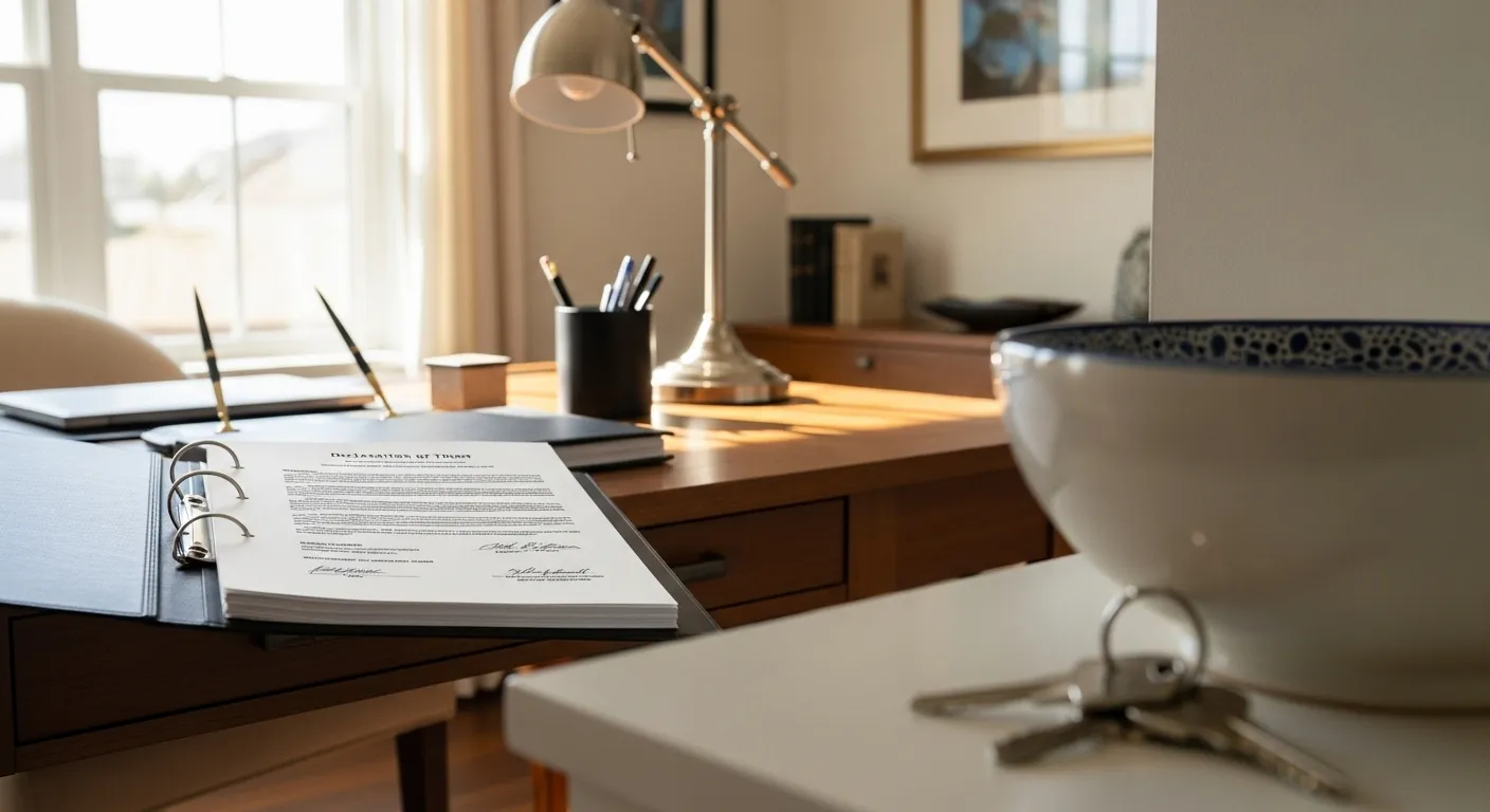 A legal document in a binder on a desk, with a bowl of house keys out of focus in the foreground, representing an unfunded trust.