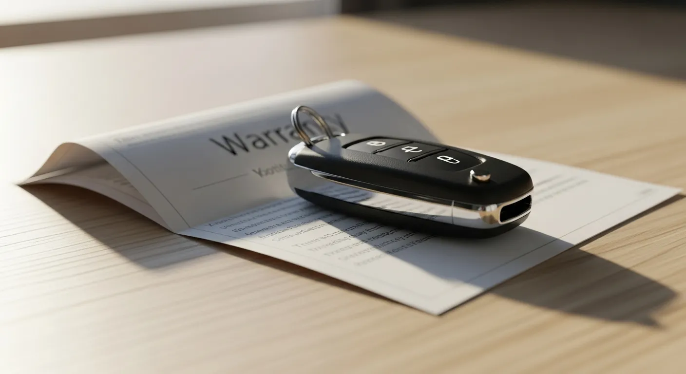A car key fob lies on a folded warranty document on a wooden table, lit by soft morning light.