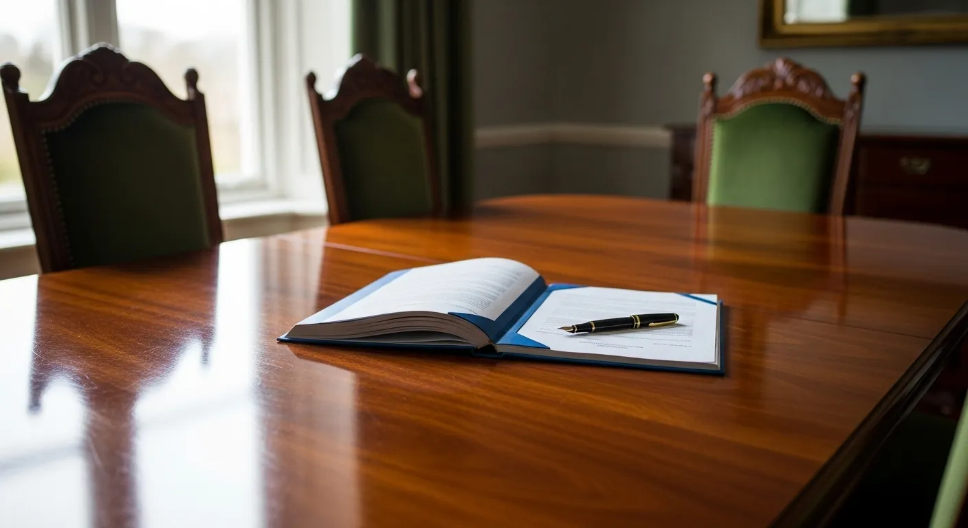 A legal document and a pen lie on a wooden table, with three empty chairs positioned around it for a signing ceremony.