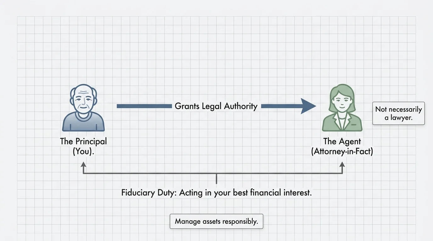 A clean diagram showing the flow of legal authority from a Principal to an Agent with a label for Fiduciary Duty.