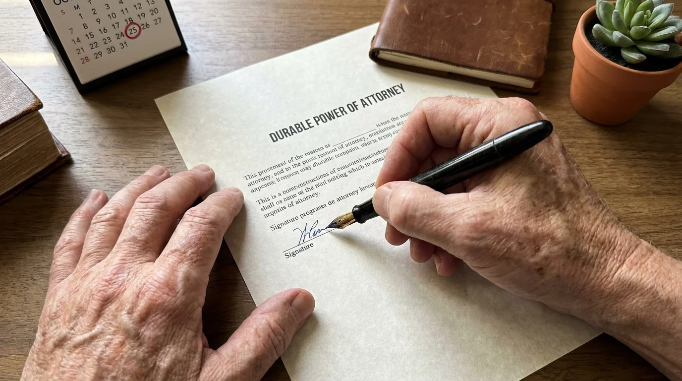 A close-up photo of a hand about to sign a Power of Attorney document on a wooden desk.